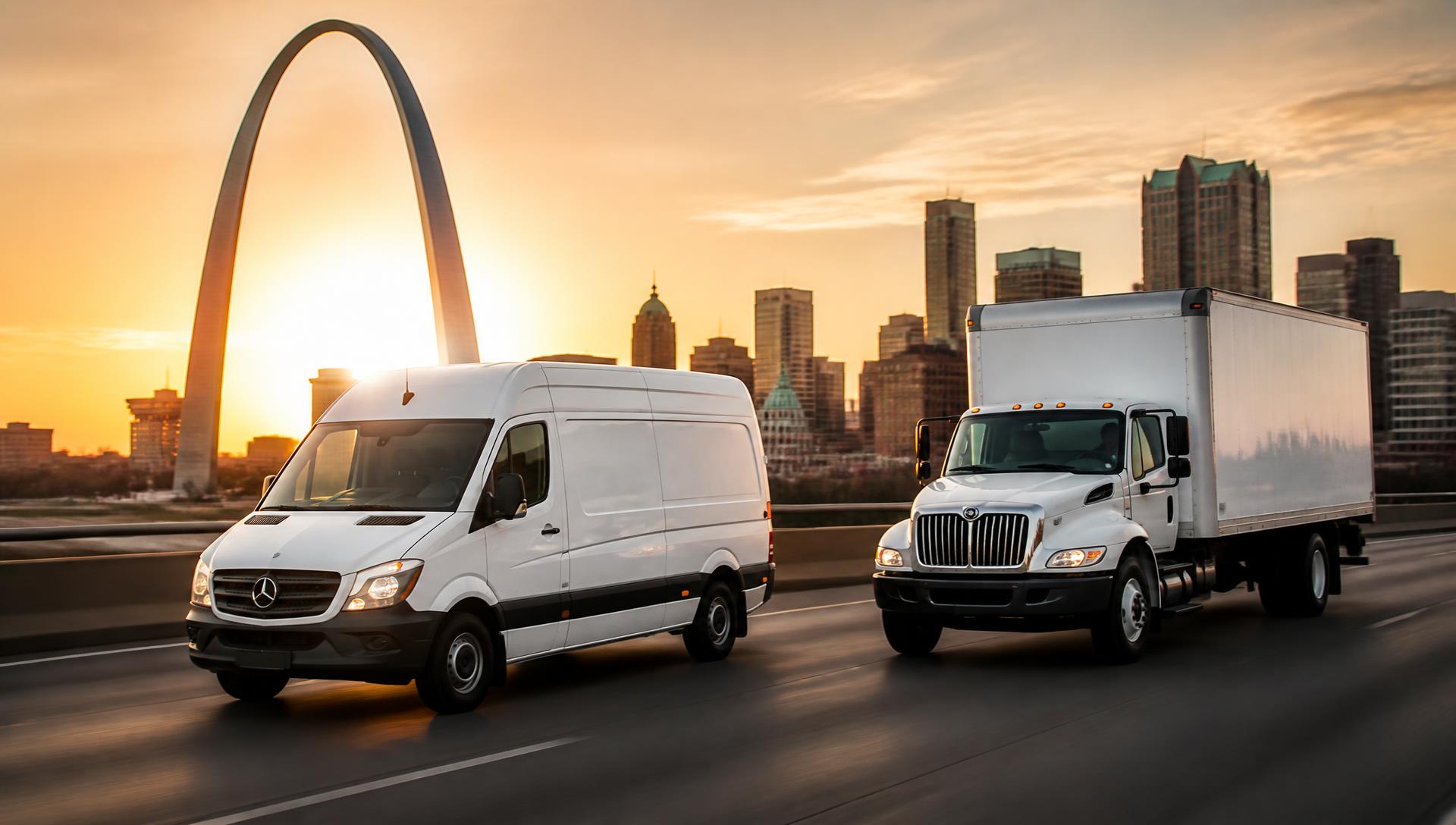 Sprinter van and box truck driving past the St. Louis Gateway Arch